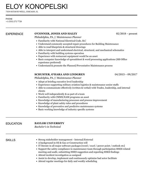 resumes examples maintenance planner.